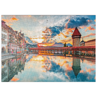 puzzleplate Sonnenuntergang im historischen Stadtzentrum von Luzern mit der berühmten Kapellbrücke und dem Vierwaldstattersee, Kanton Luzern, Schweiz 500 Puzzle
