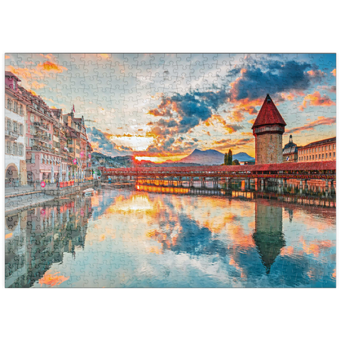 puzzleplate Sonnenuntergang im historischen Stadtzentrum von Luzern mit der berühmten Kapellbrücke und dem Vierwaldstattersee, Kanton Luzern, Schweiz 500 Puzzle