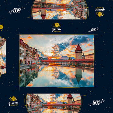 Sonnenuntergang im historischen Stadtzentrum von Luzern mit der berühmten Kapellbrücke und dem Vierwaldstattersee, Kanton Luzern, Schweiz 500 Puzzle Schachtel 3D Modell