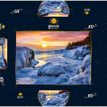 Gefrorener Lake Superior Sonnenaufgang am Presque Isle Park, Winter in Marquette, Michigan. 100 Puzzle Schachtel 3D Modell