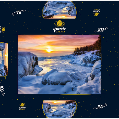 Gefrorener Lake Superior Sonnenaufgang am Presque Isle Park, Winter in Marquette, Michigan. 100 Puzzle Schachtel 3D Modell