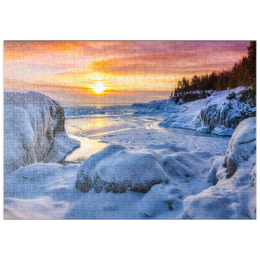 puzzleplate Gefrorener Lake Superior Sonnenaufgang am Presque Isle Park, Winter in Marquette, Michigan. 500 Puzzle