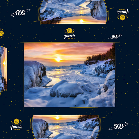 Gefrorener Lake Superior Sonnenaufgang am Presque Isle Park, Winter in Marquette, Michigan. 500 Puzzle Schachtel 3D Modell