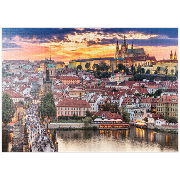 puzzleplate Prag - Tschechische Republik - Sonnenuntergang oder Sonnenaufgang Blick auf die Karlsbrücke und die Prager Burg über Moldau und das historische Zentrum von Prag, Gebäude und Wahrzeichen der Altstadt 1000 Puzzle