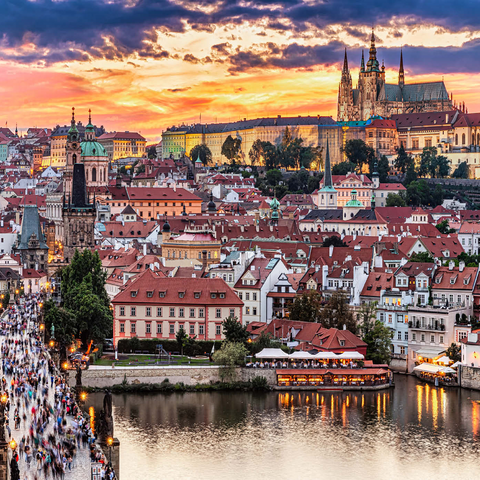 Prag - Tschechische Republik - Sonnenuntergang oder Sonnenaufgang Blick auf die Karlsbrücke und die Prager Burg über Moldau und das historische Zentrum von Prag, Gebäude und Wahrzeichen der Altstadt 1000 Puzzle 3D Modell