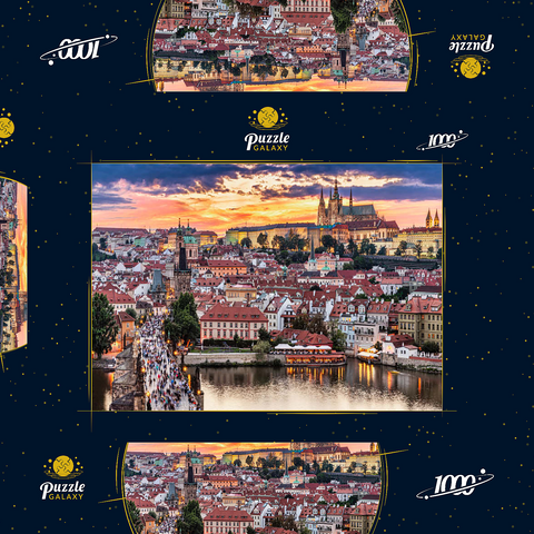 Prag - Tschechische Republik - Sonnenuntergang oder Sonnenaufgang Blick auf die Karlsbrücke und die Prager Burg über Moldau und das historische Zentrum von Prag, Gebäude und Wahrzeichen der Altstadt 1000 Puzzle Schachtel 3D Modell