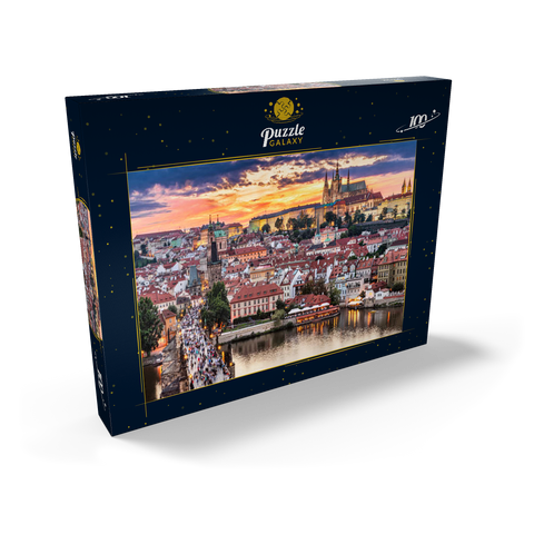 Prag - Tschechische Republik - Sonnenuntergang oder Sonnenaufgang Blick auf die Karlsbrücke und die Prager Burg über Moldau und das historische Zentrum von Prag, Gebäude und Wahrzeichen der Altstadt 100 Puzzle Schachtel Ansicht2