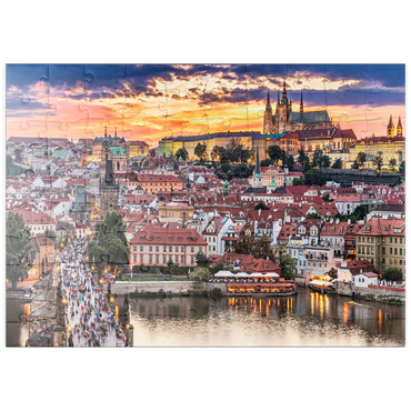 puzzleplate Prag - Tschechische Republik - Sonnenuntergang oder Sonnenaufgang Blick auf die Karlsbrücke und die Prager Burg über Moldau und das historische Zentrum von Prag, Gebäude und Wahrzeichen der Altstadt 100 Puzzle