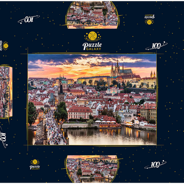 Prag - Tschechische Republik - Sonnenuntergang oder Sonnenaufgang Blick auf die Karlsbrücke und die Prager Burg über Moldau und das historische Zentrum von Prag, Gebäude und Wahrzeichen der Altstadt 100 Puzzle Schachtel 3D Modell