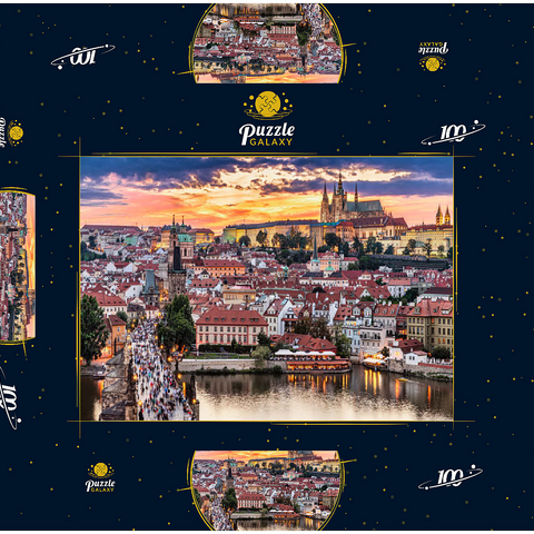 Prag - Tschechische Republik - Sonnenuntergang oder Sonnenaufgang Blick auf die Karlsbrücke und die Prager Burg über Moldau und das historische Zentrum von Prag, Gebäude und Wahrzeichen der Altstadt 100 Puzzle Schachtel 3D Modell