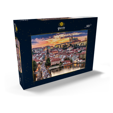 Prag - Tschechische Republik - Sonnenuntergang oder Sonnenaufgang Blick auf die Karlsbrücke und die Prager Burg über Moldau und das historische Zentrum von Prag, Gebäude und Wahrzeichen der Altstadt 500 Puzzle Schachtel Ansicht2