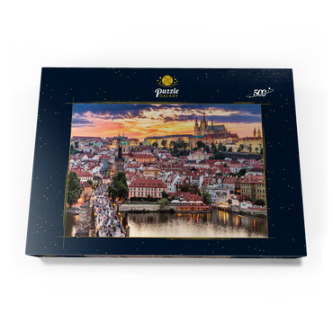 Prag - Tschechische Republik - Sonnenuntergang oder Sonnenaufgang Blick auf die Karlsbrücke und die Prager Burg über Moldau und das historische Zentrum von Prag, Gebäude und Wahrzeichen der Altstadt 500 Puzzle Schachtel Ansicht3