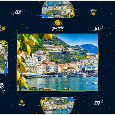 Panoramasicht auf den wunderschönen Amalfi auf Hügeln, die zur Küste hinunter führen, Kampanien, Italien. Die Amalfiküste ist das beliebteste Reise- und Urlaubsziel in Europa. Reife gelbe Zitronen im Vordergrund. 100 Puzzle Schachtel 3D Modell