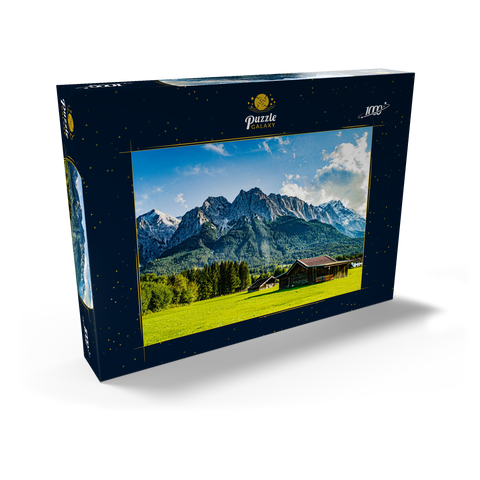 Die Zugspitze, von Grainau/Garmisch-Partenkirchen aus gesehen, an einem sonnigen Sommertag 1000 Puzzle Schachtel Ansicht2
