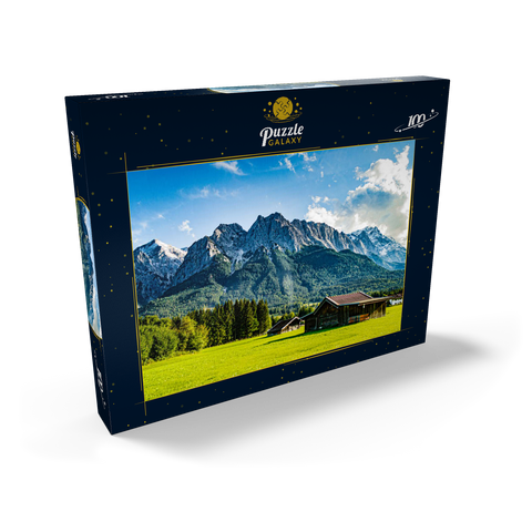 Die Zugspitze, von Grainau/Garmisch-Partenkirchen aus gesehen, an einem sonnigen Sommertag 100 Puzzle Schachtel Ansicht2