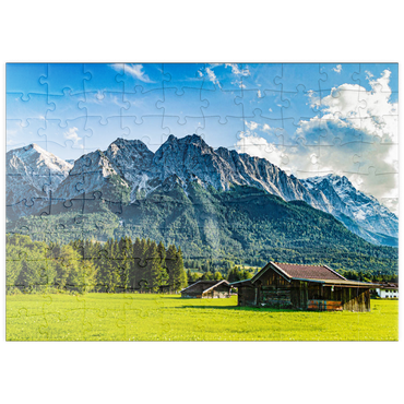 puzzleplate Die Zugspitze, von Grainau/Garmisch-Partenkirchen aus gesehen, an einem sonnigen Sommertag 100 Puzzle