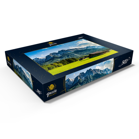 Die Zugspitze, von Grainau/Garmisch-Partenkirchen aus gesehen, an einem sonnigen Sommertag 500 Puzzle Schachtel Ansicht1