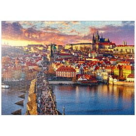 Darstellung des Puzzle-Motivs Panoramaaussicht auf Karlsbrücke, Prager Burg und Fluss Moldau – Puzzleteile: 1000