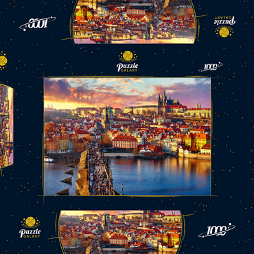 Panoramaaussicht oben auf der Karlsbrücke Prager Burg und Fluss Moldau Prag Tschechische Republik. Malerische Landschaft mit sonnigen Altstädter Häusern mit roten, tegularen Dächern und Bachturm. 1000 Puzzle Schachtel 3D Modell