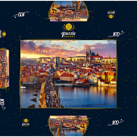 Panoramaaussicht oben auf der Karlsbrücke Prager Burg und Fluss Moldau Prag Tschechische Republik. Malerische Landschaft mit sonnigen Altstädter Häusern mit roten, tegularen Dächern und Bachturm. 100 Puzzle Schachtel 3D Modell