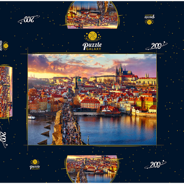 Panoramaaussicht oben auf der Karlsbrücke Prager Burg und Fluss Moldau Prag Tschechische Republik. Malerische Landschaft mit sonnigen Altstädter Häusern mit roten, tegularen Dächern und Bachturm. 200 Puzzle Schachtel 3D Modell