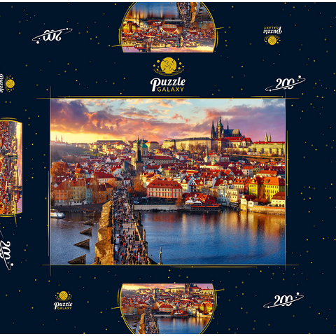 Panoramaaussicht oben auf der Karlsbrücke Prager Burg und Fluss Moldau Prag Tschechische Republik. Malerische Landschaft mit sonnigen Altstädter Häusern mit roten, tegularen Dächern und Bachturm. 200 Puzzle Schachtel 3D Modell