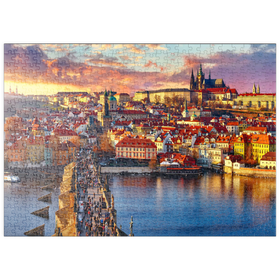 Darstellung des Puzzle Motivs Panoramaaussicht auf Karlsbrücke, Prager Burg und Fluss Moldau - Puzzleteile: 500