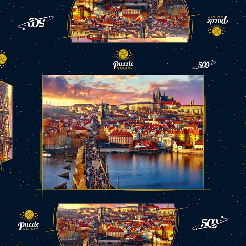 Panoramaaussicht oben auf der Karlsbrücke Prager Burg und Fluss Moldau Prag Tschechische Republik. Malerische Landschaft mit sonnigen Altstädter Häusern mit roten, tegularen Dächern und Bachturm. 500 Puzzle Schachtel 3D Modell