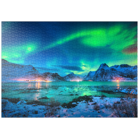Darstellung des Puzzle-Motivs Nordlichter (Aurora borealis) auf den Lofoten-Inseln, Norwegen – Puzzleteile: 1000