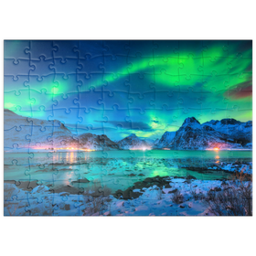 Darstellung des Puzzle-Motivs Nordlichter (Aurora borealis) auf den Lofoten-Inseln, Norwegen – Puzzleteile: 100