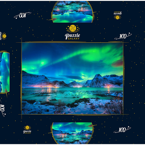 Aurora borealis über der Meeresküste, schneebedeckte Berge und Lichter der Stadt nachts. Nordlichter auf den Lofoten-Inseln, Norwegen. Sternenhimmel mit Polarlichtern. Winterlandschaft mit im Wasser reflektiertem Polarlicht 100 Puzzle Schachtel 3D Modell