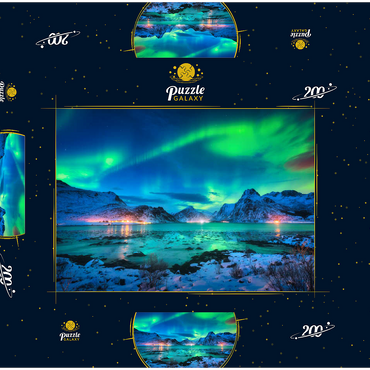 Aurora borealis über der Meeresküste, schneebedeckte Berge und Lichter der Stadt nachts. Nordlichter auf den Lofoten-Inseln, Norwegen. Sternenhimmel mit Polarlichtern. Winterlandschaft mit im Wasser reflektiertem Polarlicht 200 Puzzle Schachtel 3D Modell