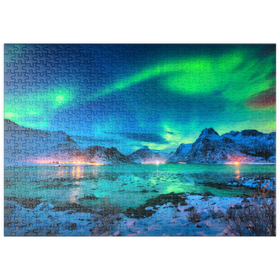 Darstellung des Puzzle-Motivs Nordlichter (Aurora borealis) auf den Lofoten-Inseln, Norwegen – Puzzleteile: 500