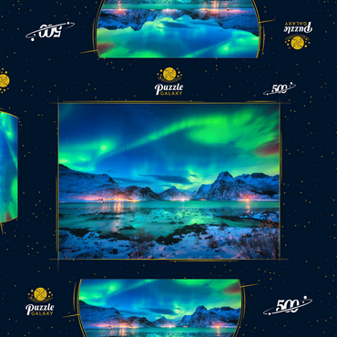 Aurora borealis über der Meeresküste, schneebedeckte Berge und Lichter der Stadt nachts. Nordlichter auf den Lofoten-Inseln, Norwegen. Sternenhimmel mit Polarlichtern. Winterlandschaft mit im Wasser reflektiertem Polarlicht 500 Puzzle Schachtel 3D Modell