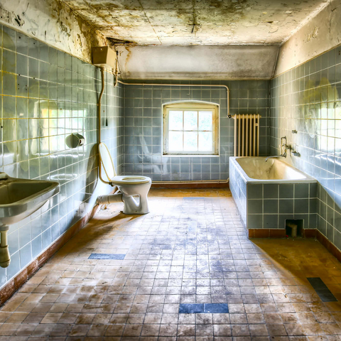 Renoviertes und schmutziges Badezimmer mit blauen Fliesen in einem alten verlassenen Haus 1000 Puzzle 3D Modell