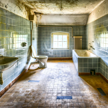 Renoviertes und schmutziges Badezimmer mit blauen Fliesen in einem alten verlassenen Haus 100 Puzzle 3D Modell