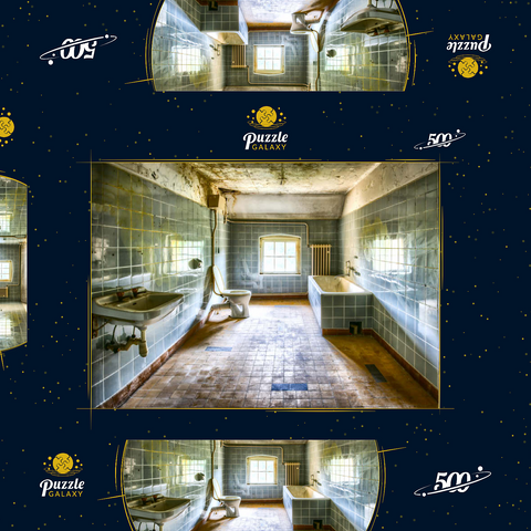 Renoviertes und schmutziges Badezimmer mit blauen Fliesen in einem alten verlassenen Haus 500 Puzzle Schachtel 3D Modell