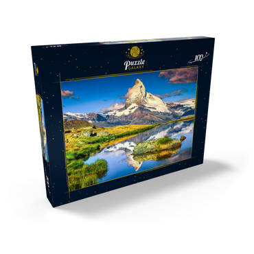 Fantastische Fotografie und Wanderlage, wunderbare Morgenlichter mit spektakulärem Matterhorn und wunderschönem Stellisee. Schöner touristischer Ort in der Schweiz bei Zermatt, Europa 100 Puzzle Schachtel Ansicht2
