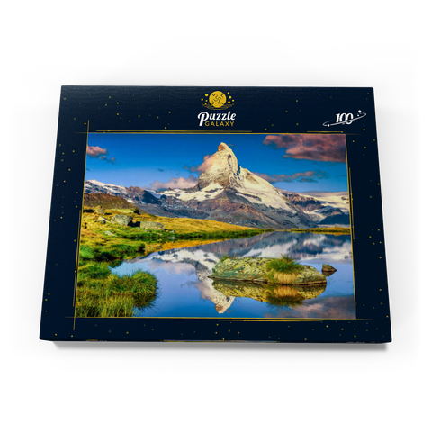 Fantastische Fotografie und Wanderlage, wunderbare Morgenlichter mit spektakulärem Matterhorn und wunderschönem Stellisee. Schöner touristischer Ort in der Schweiz bei Zermatt, Europa 100 Puzzle Schachtel Ansicht3