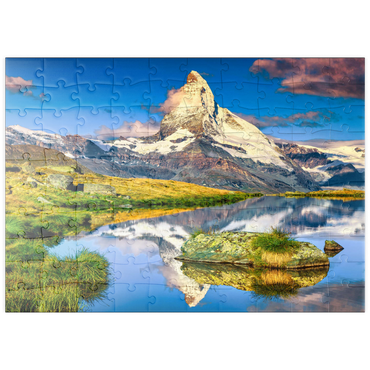 puzzleplate Fantastische Fotografie und Wanderlage, wunderbare Morgenlichter mit spektakulärem Matterhorn und wunderschönem Stellisee. Schöner touristischer Ort in der Schweiz bei Zermatt, Europa 100 Puzzle