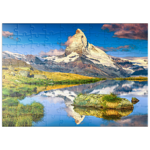 puzzleplate Fantastische Fotografie und Wanderlage, wunderbare Morgenlichter mit spektakulärem Matterhorn und wunderschönem Stellisee. Schöner touristischer Ort in der Schweiz bei Zermatt, Europa 100 Puzzle