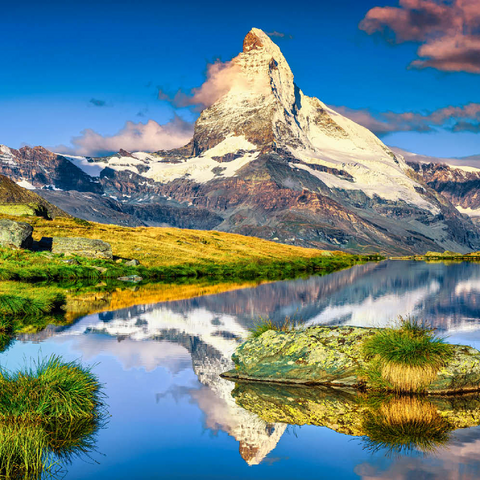 Fantastische Fotografie und Wanderlage, wunderbare Morgenlichter mit spektakulärem Matterhorn und wunderschönem Stellisee. Schöner touristischer Ort in der Schweiz bei Zermatt, Europa 100 Puzzle 3D Modell