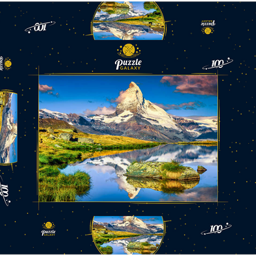 Fantastische Fotografie und Wanderlage, wunderbare Morgenlichter mit spektakulärem Matterhorn und wunderschönem Stellisee. Schöner touristischer Ort in der Schweiz bei Zermatt, Europa 100 Puzzle Schachtel 3D Modell