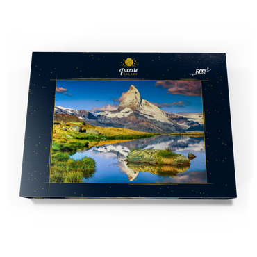 Fantastische Fotografie und Wanderlage, wunderbare Morgenlichter mit spektakulärem Matterhorn und wunderschönem Stellisee. Schöner touristischer Ort in der Schweiz bei Zermatt, Europa 500 Puzzle Schachtel Ansicht3