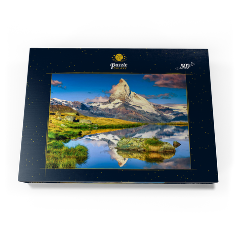 Fantastische Fotografie und Wanderlage, wunderbare Morgenlichter mit spektakulärem Matterhorn und wunderschönem Stellisee. Schöner touristischer Ort in der Schweiz bei Zermatt, Europa 500 Puzzle Schachtel Ansicht3