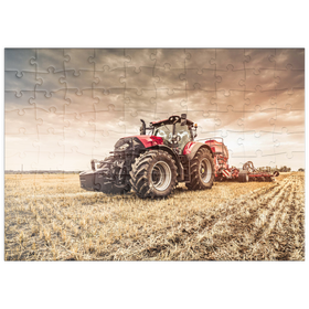 Darstellung des Puzzle-Motivs Moderner roter Traktor bei der Einsaat – Puzzleteile: 100