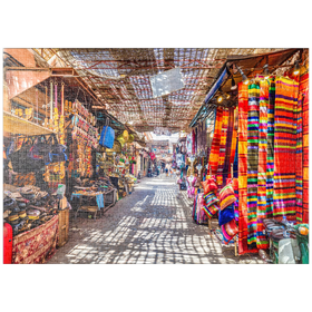 Darstellung des Puzzle-Motivs Souvenirs auf dem Jemaa-el-Fna-Markt in der alten Medina, Marrakesch, Marokko – Puzzleteile: 1000