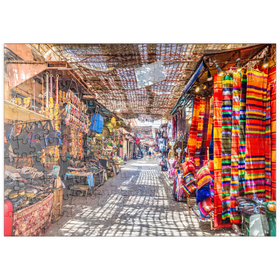 Darstellung des Puzzle-Motivs Souvenirs auf dem Jemaa-el-Fna-Markt in der alten Medina, Marrakesch, Marokko – Puzzleteile: 200