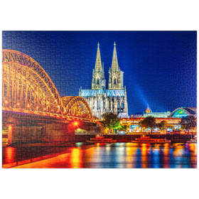 Darstellung des Puzzle-Motivs Nachtsicht auf den Kölner Dom und Hohenzollernbrücke über Rhein, Deutschland – Puzzleteile: 1000