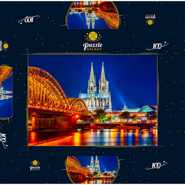 Nachtsicht auf den Kölner Dom und Hohenzollernbrücke über Rhein, Deutschland 100 Puzzle Schachtel 3D Modell